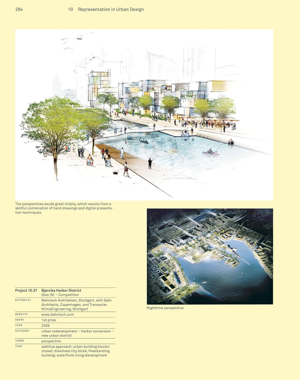 A printed page from a publication showing an architectural rendering of a waterfront urban plaza and park, with a small aerial photograph inset and a project table at the bottom. The page has a pale yellow background and the title 'Representation in Urban Design' at the top.