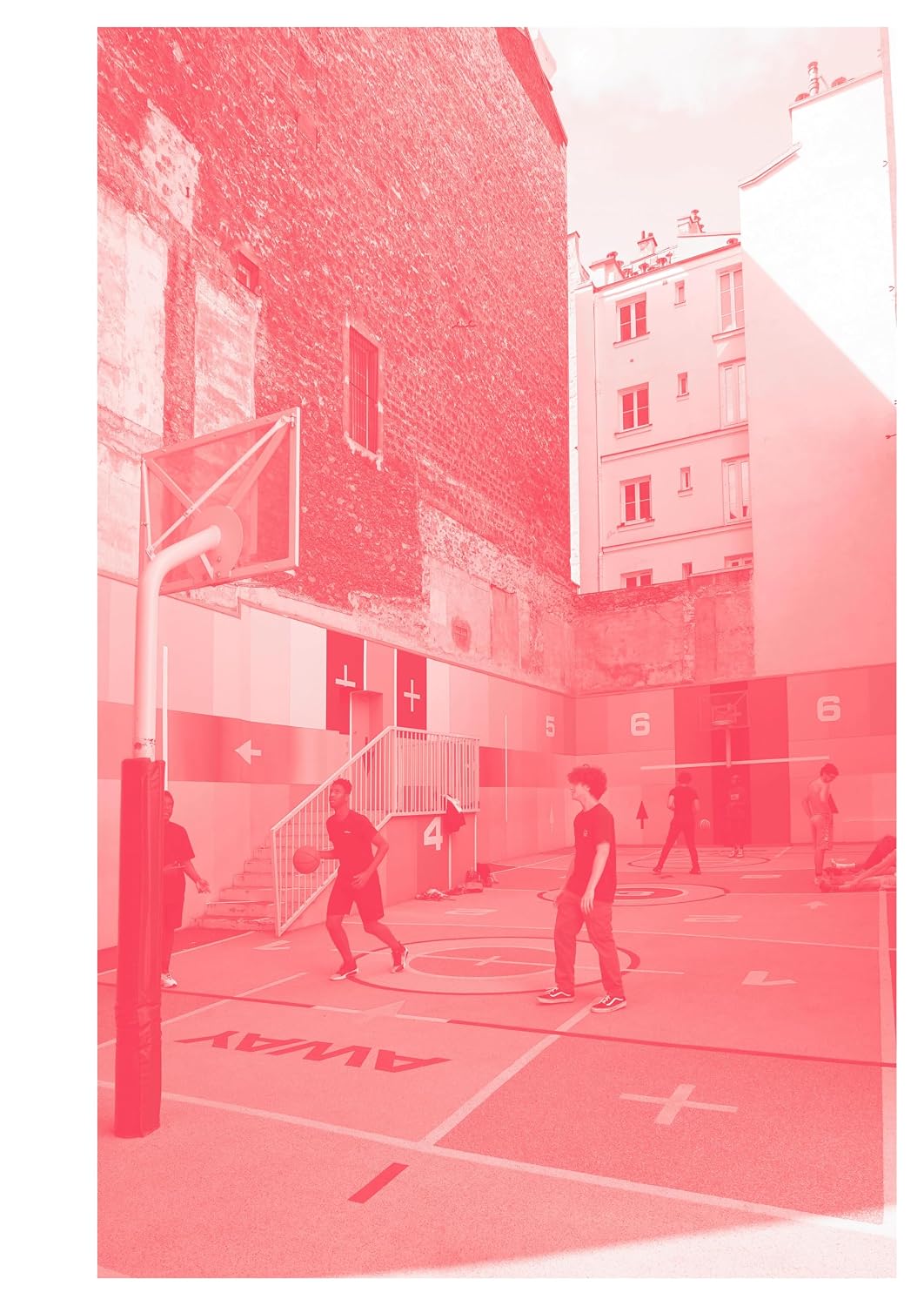 A red-tinted photograph of an outdoor basketball court in a city alley, with several people playing basketball. The image has a strong monochromatic pink/red overlay.