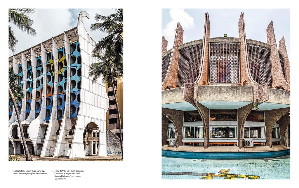Two architectural structures with modern design elements, one featuring colorful patterns and the other with geometric shapes.