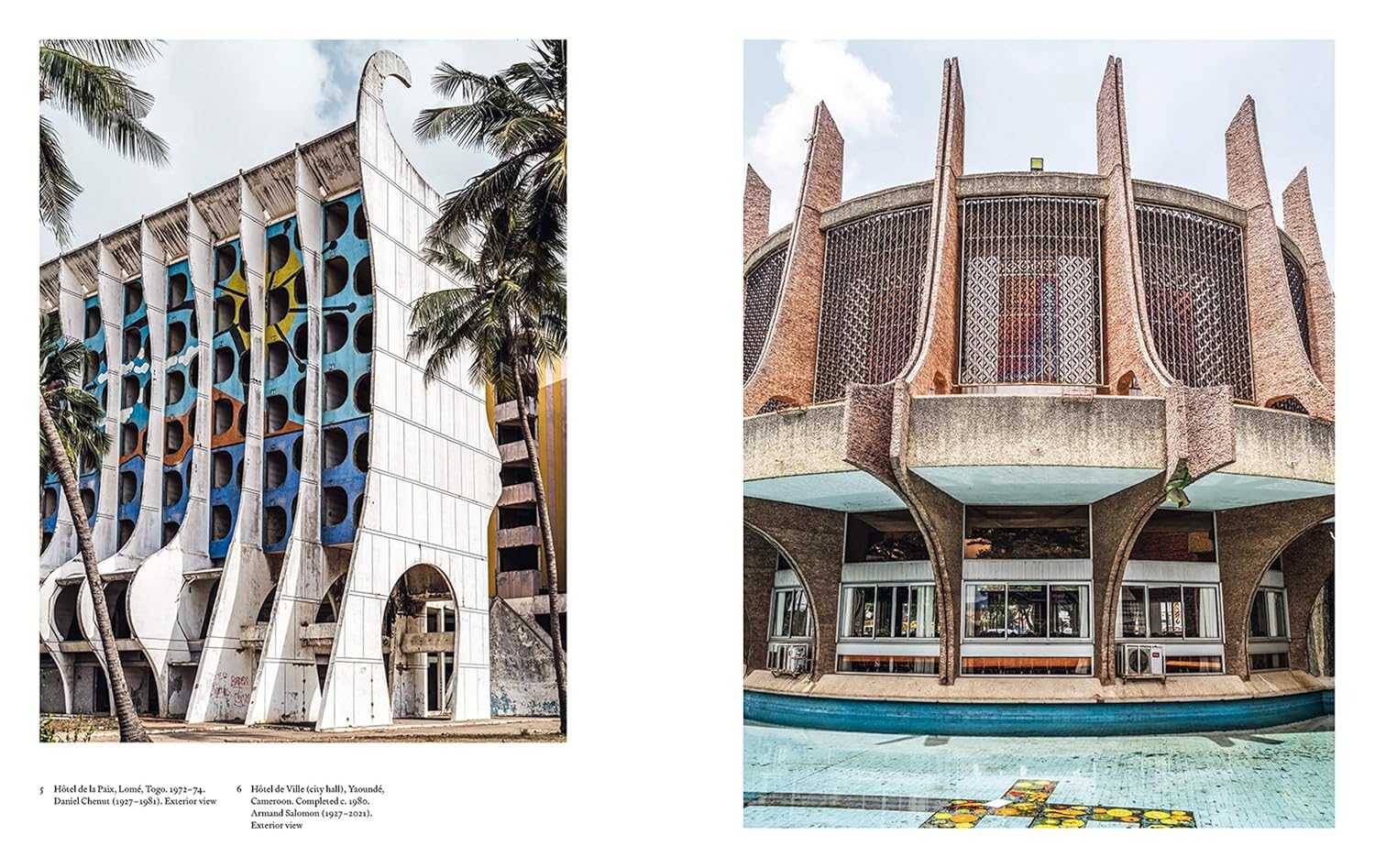 Two architectural structures with modern design elements, one featuring colorful patterns and the other with geometric shapes.