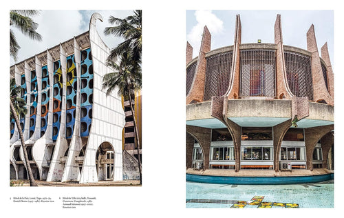 Two architectural structures with modern design elements, one featuring colorful patterns and the other with geometric shapes.