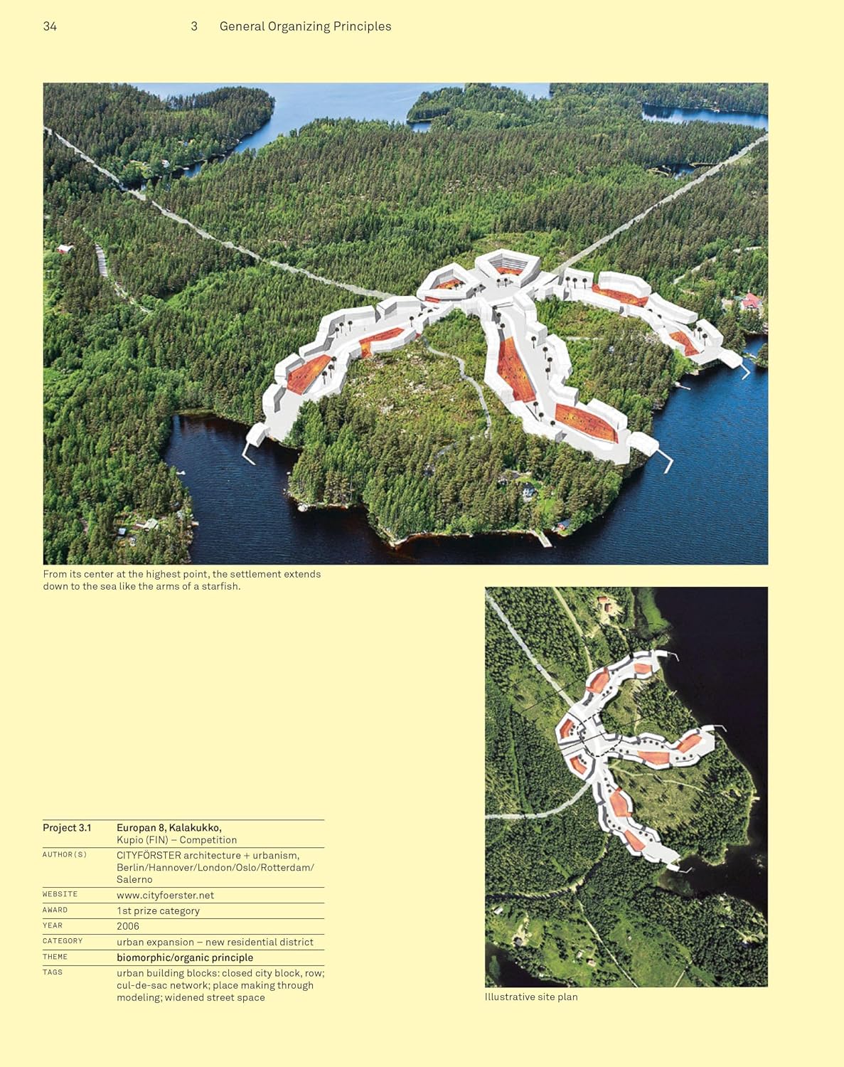 A printed page from an architectural publication showing an aerial view of a lakeside resort complex with buildings, water, and surrounding forest, plus a smaller site plan and a block of text at the bottom left.