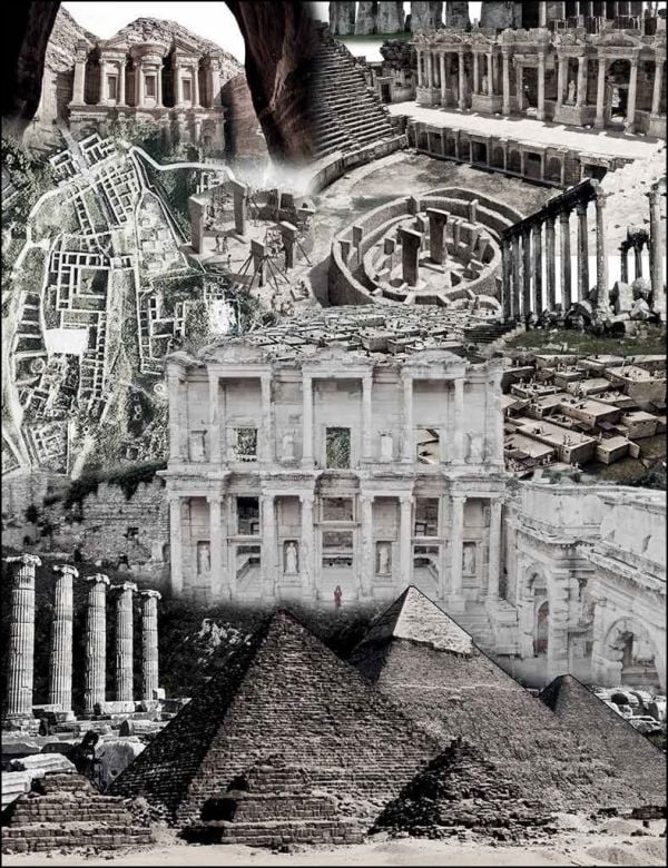 A black and white collage of ancient ruins and monuments, including pyramids, columns, arches, and stone buildings, arranged in a layered historical composition.