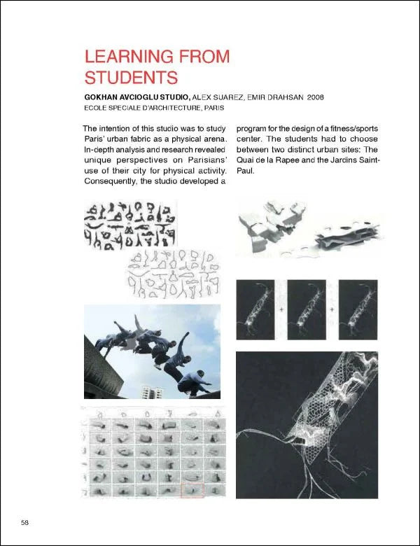 A printed page or booklet spread with the title 'LEARNING FROM STUDENTS' at the top, followed by text about Gokhan Aydoglu Studio and urban design research. The page includes several black-and-white architectural sketches, a small color photo of people in a plaza, a grid of symbols, and a white page background.