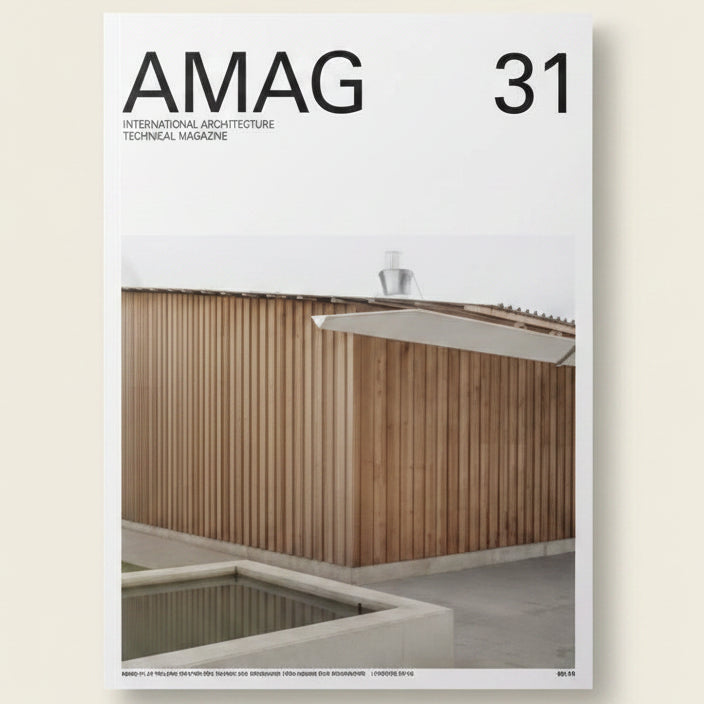 Cover of AMAG magazine featuring a modern building with wooden facade