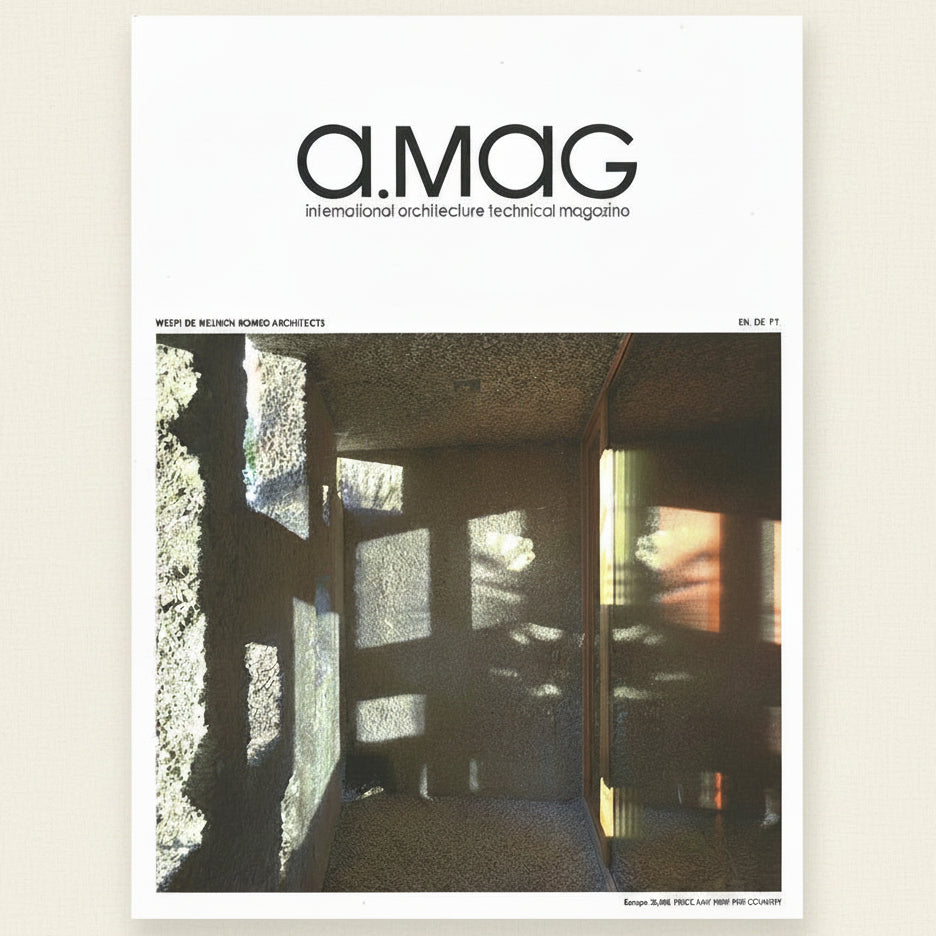Cover of a magazine titled 'a.mag' with architectural interior design on a beige background