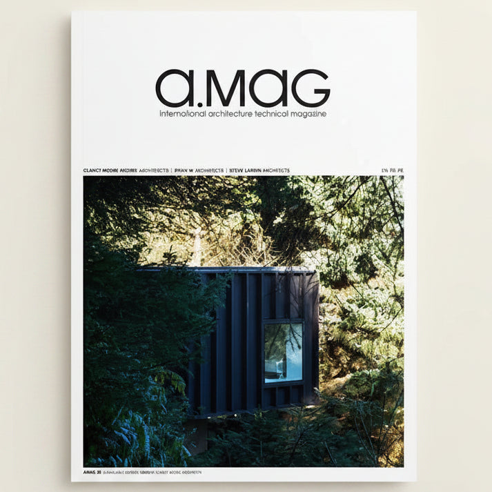 Cover of 'a.mag' magazine featuring a modern building in a forest