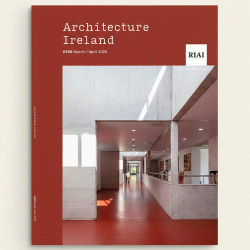 Architecture Ireland magazine cover, March/April 2025, featuring a modern concrete hallway with a red floor, set against a dark red background with the title 'Architecture Ireland' and RIAI logo.