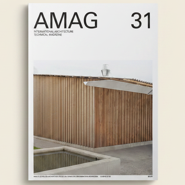 Cover of AMAG International Architecture Technical Magazine featuring a modern building with wooden facade.
