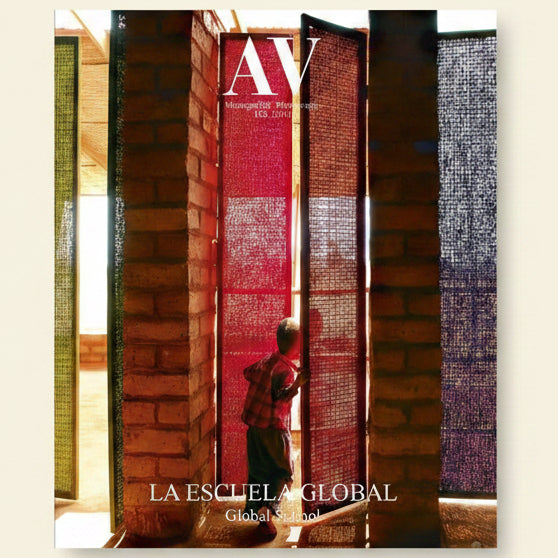 Book with a red cover featuring 'AV' and 'La Escuela Global' text, surrounded by textured materials.