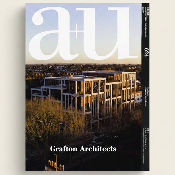 Cover of a magazine featuring Grafton Architects with architectural design and 'a+u' logo.