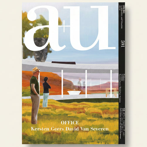 Cover of a magazine featuring two people standing in front of a modern building with a scenic background.