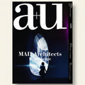 Magazine cover with 'a+u' logo and silhouette of a person looking at a futuristic design.
