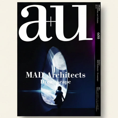 Magazine cover with 'a+u' logo and silhouette of a person looking at a futuristic design.