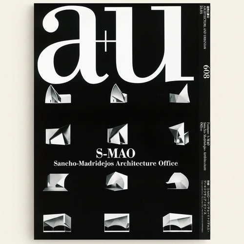 Book cover with 'a+u' logo and architectural illustrations on a black background