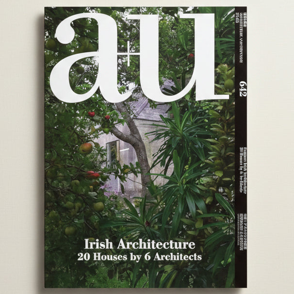 Magazine cover with 'a+u' logo and text about Irish architecture and houses by architects.