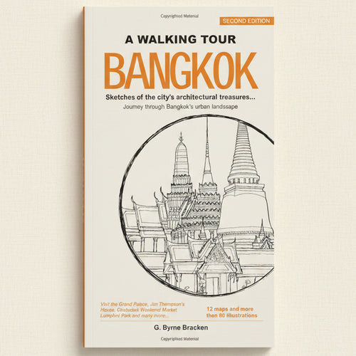 Book cover of 'A Walking Tour Bangkok' with architectural illustration and title text.