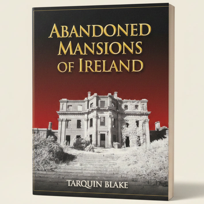 Book cover of 'Abandoned Mansions of Ireland' by Tarquin Blake with a black and white mansion illustration on a red background.