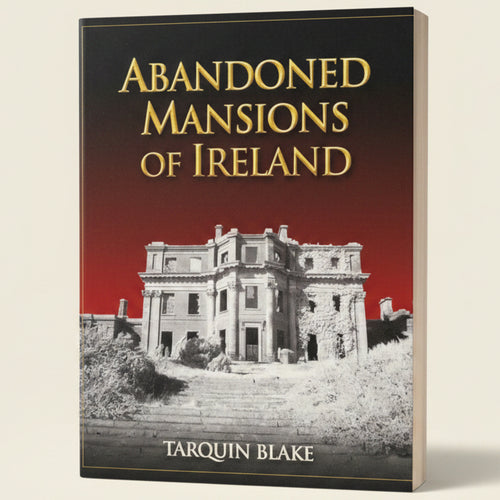 Book cover of 'Abandoned Mansions of Ireland' by Tarquin Blake with a black and white mansion illustration on a red background.