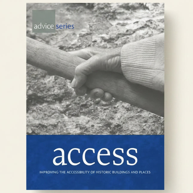 Book cover with hands holding a branch, titled 'access' about improving accessibility of historic buildings.