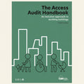 Book cover of 'The Access Audit Handbook' with illustrations of people with disabilities and RIBA logo on a green background.