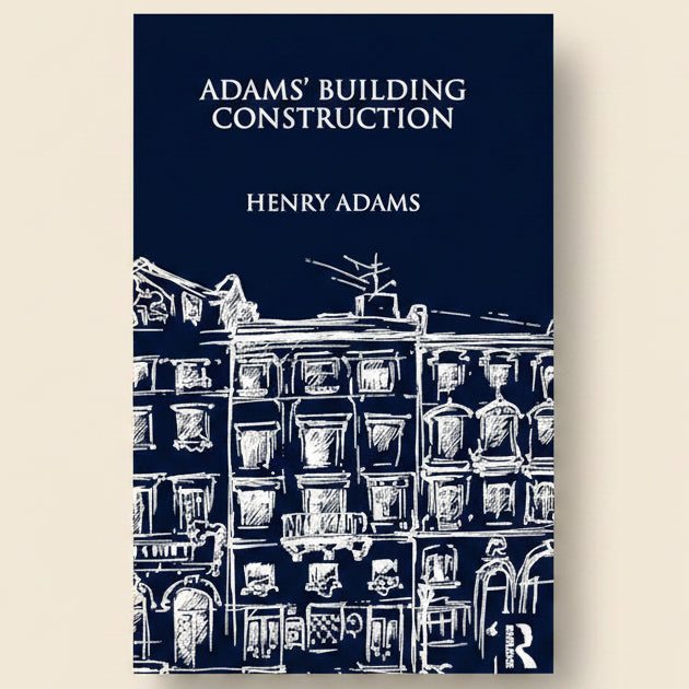 Book cover of 'Adams' Building Construction' by Henry Adams with architectural illustrations on a dark blue background.