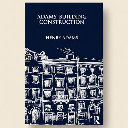 Book cover of 'Adams' Building Construction' by Henry Adams with architectural illustrations on a dark blue background.
