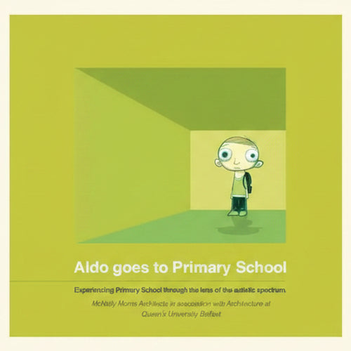 Cartoon character standing in a green room with text about primary school and autism on a yellow background