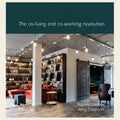Modern interior design with bookshelves, couches, and a door in the background, featuring text about co-living and co-working.