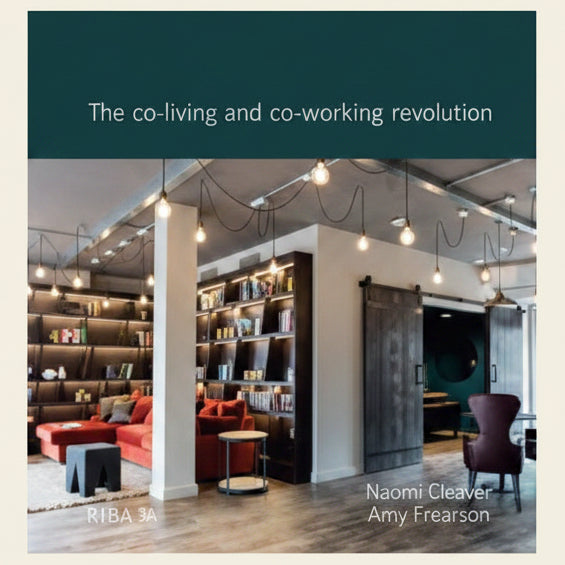 Modern interior design with bookshelves, couches, and a door in the background, featuring text about co-living and co-working.