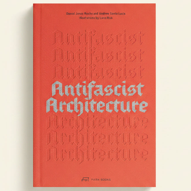 Book cover of 'Antifascist Architecture' with embossed text on a red background