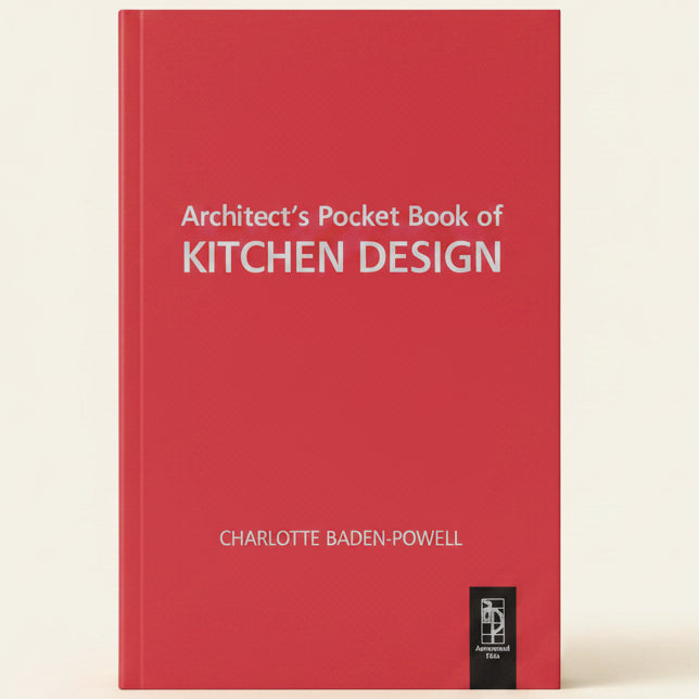 Book cover of 'Architect's Pocket Book of Kitchen Design' by Charlotte Baden-Powell on a red background
