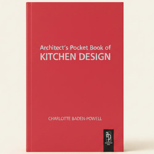 Book cover of 'Architect's Pocket Book of Kitchen Design' by Charlotte Baden-Powell on a red background