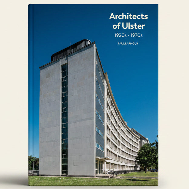 Modernist building with 'Architects of Ulster' book cover text