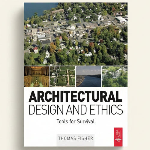 Book cover of 'Architectural Design and Ethics: Tools for Survival' by Thomas Fisher with images of buildings and nature.