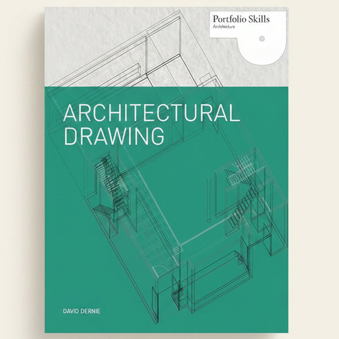 Book cover of 'Architectural Drawing' by David Dernie with architectural line drawing on a teal background.
