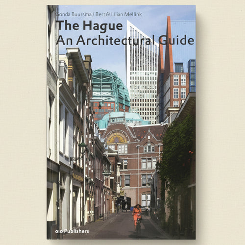 Book cover of 'The Hague: An Architectural Guide' with cityscape and architectural buildings.