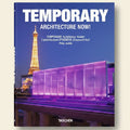 Book cover of 'Temporary Architecture Now!' featuring a modern building and Eiffel Tower.
