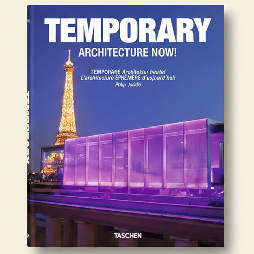 Book cover of 'Temporary Architecture Now!' featuring a modern building and Eiffel Tower.