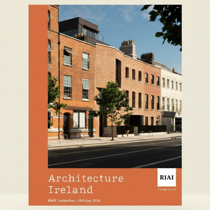 Cover of the Architecture Ireland journal featuring a photograph of a red brick building on a street under a blue sky, with an orange border and the RIAI logo.