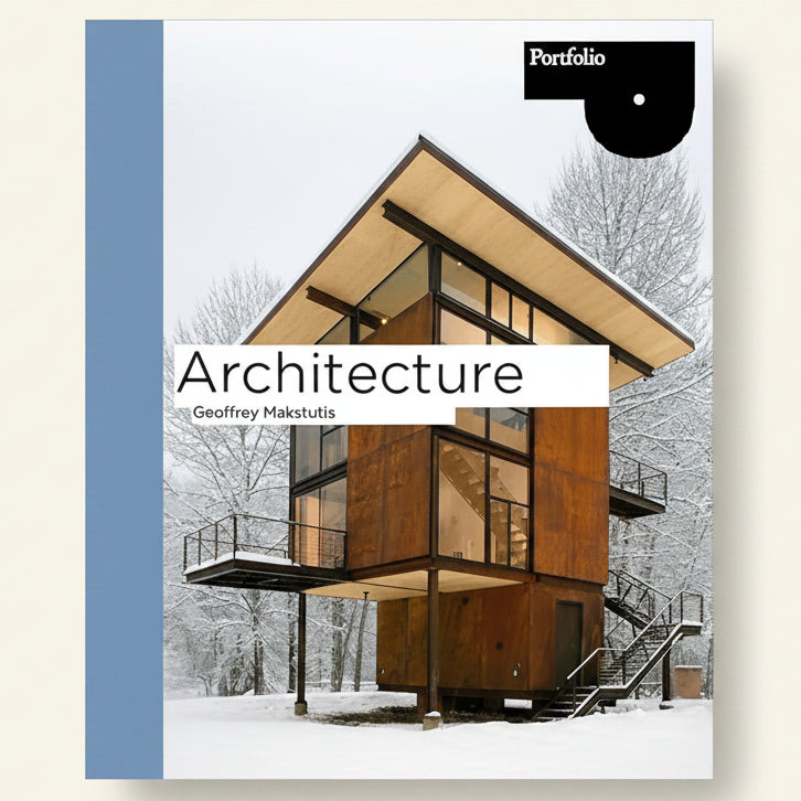 Book cover of 'Architecture' by Geoffrey Makotutis with a modern house in the snow.