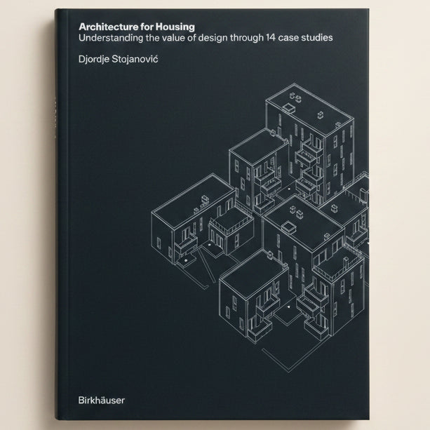 Book cover of 'Architecture for Housing' with architectural illustrations on a dark background