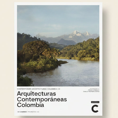 Book cover with a scenic view of a river and mountains, featuring the text 'Arquitecturas Contemporaneas Colombia'.