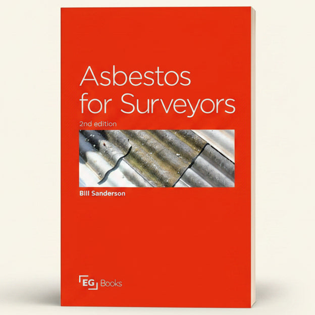 Book cover of 'Asbestos for Surveyors' with a red background and image of asbestos fibers.