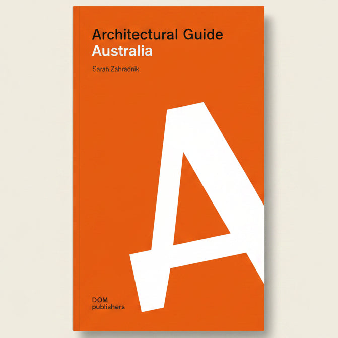 Book cover of 'Architectural Guide Australia' with a large white letter 'A' on an orange background.