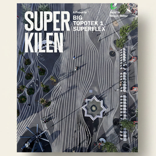 Aerial view of a modern park with wavy pathways and geometric design, featuring the text 'Super Kilen' and 'Big Topotek 1 Superflex'.