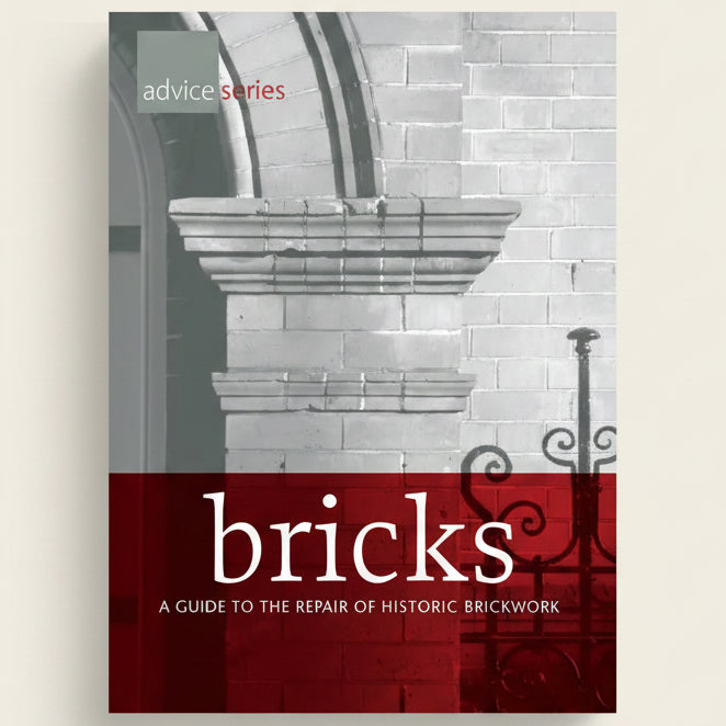 Book cover of 'Bricks: A Guide to the Repair of Historic Brickwork' with architectural elements in the background.