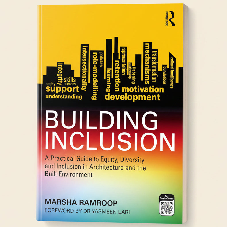 Book cover of 'Building Inclusion' by Marsha Ramroop with a yellow and rainbow gradient background.