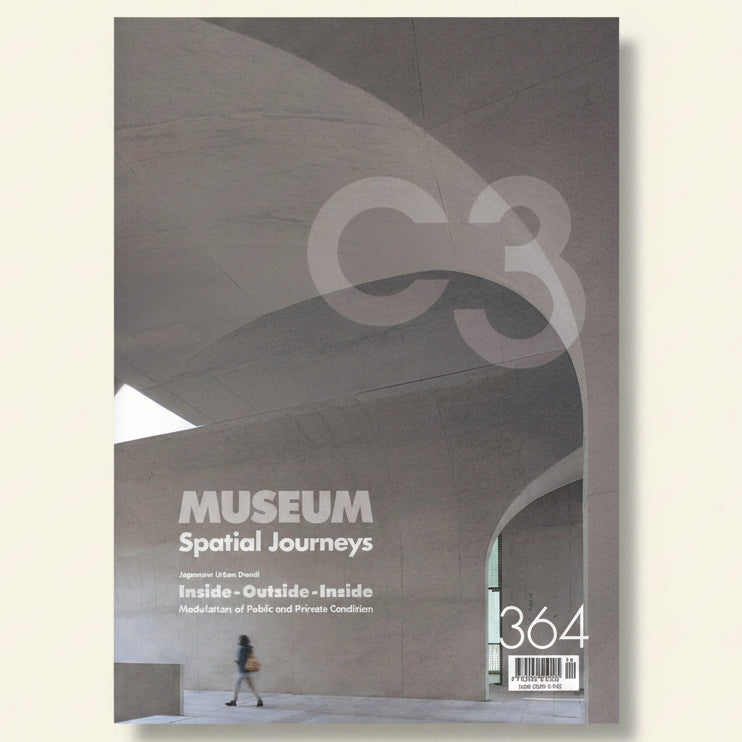 Cover of a magazine titled 'Museum Spatial Journeys' with architectural design and person walking.