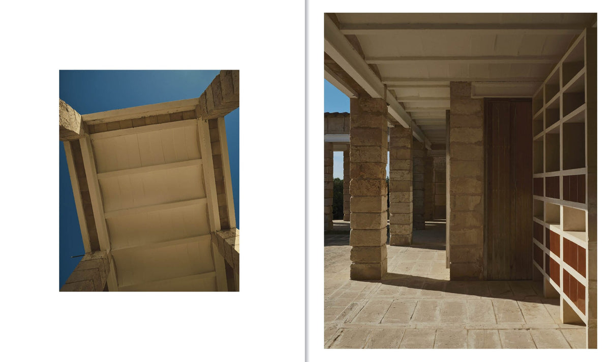 A split-screen view showing a beige upholstered chair backrest on the left and a furnished interior corridor with stone columns and shelving on the right.